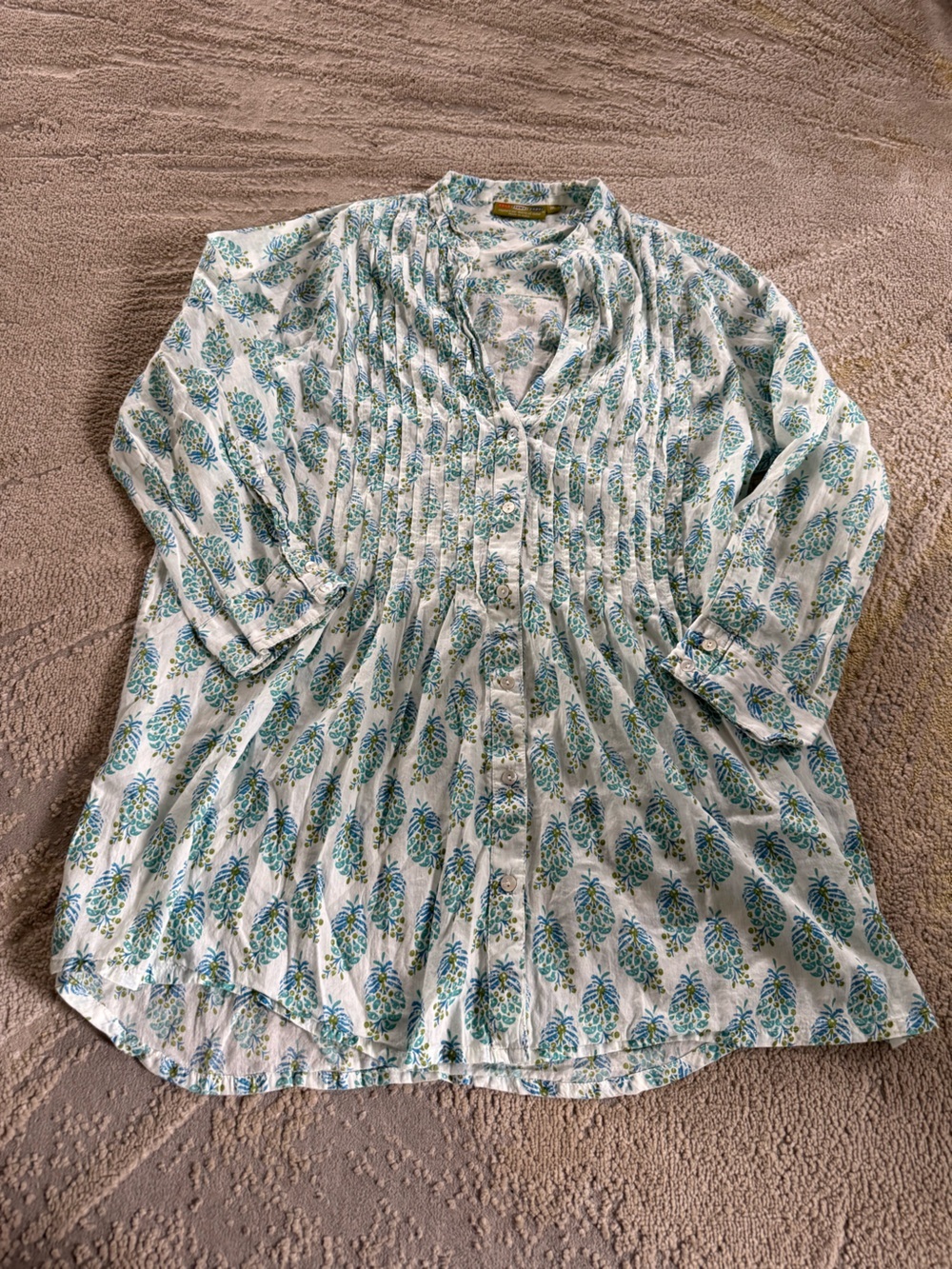 Rock Flower Paper Button Down Tunic Top blouse Blue White green cotton medium